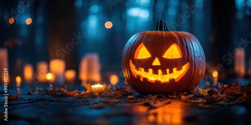 Old lanterns cast a golden glow on the path to the haunted hayride