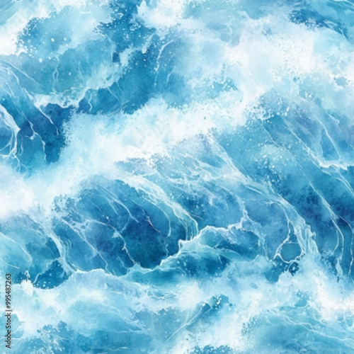 Abstract watercolor ocean waves in shades of blue and white for artistic backgrounds