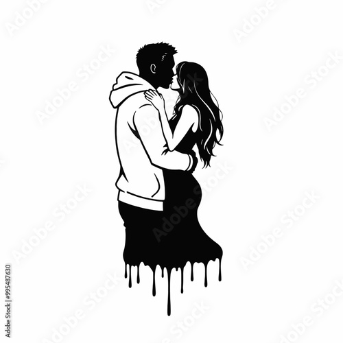 silhouette of a couple embracing and kissing. The figures are stylishly
