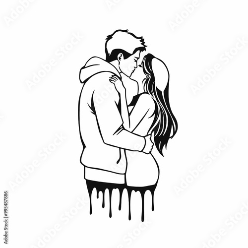 silhouette of a couple embracing and kissing. The figures are stylishly