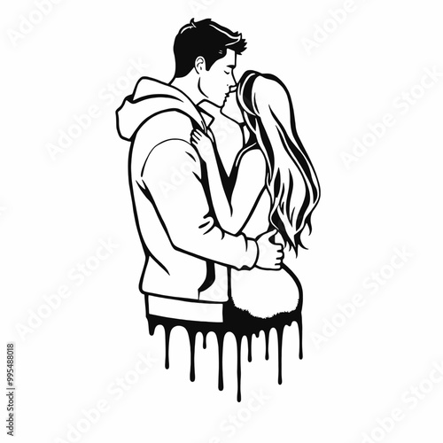 silhouette of a couple embracing and kissing. The figures are stylishly