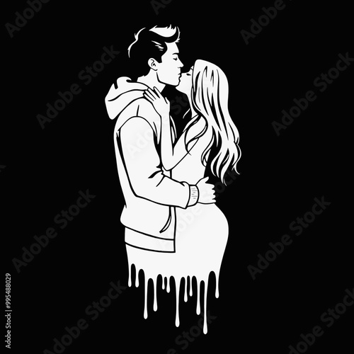 silhouette of a couple embracing and kissing. The figures are stylishly