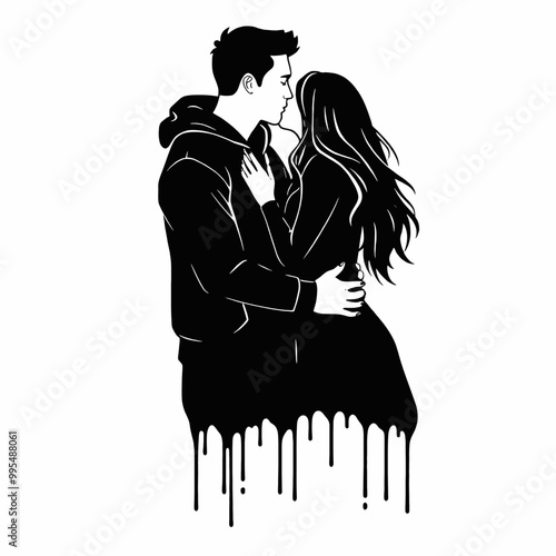 silhouette of a couple embracing and kissing. The figures are stylishly