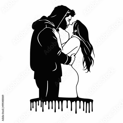 silhouette of a couple embracing and kissing. The figures are stylishly