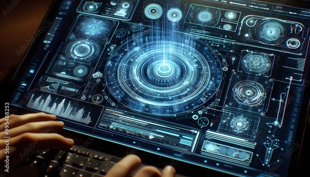 Hologram projection on a digital screen with different data and parameters. Hologram projection on a digital screen with different data and parameters.