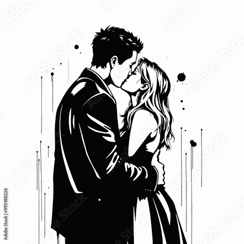 silhouette of a couple embracing and kissing. The figures are stylishly