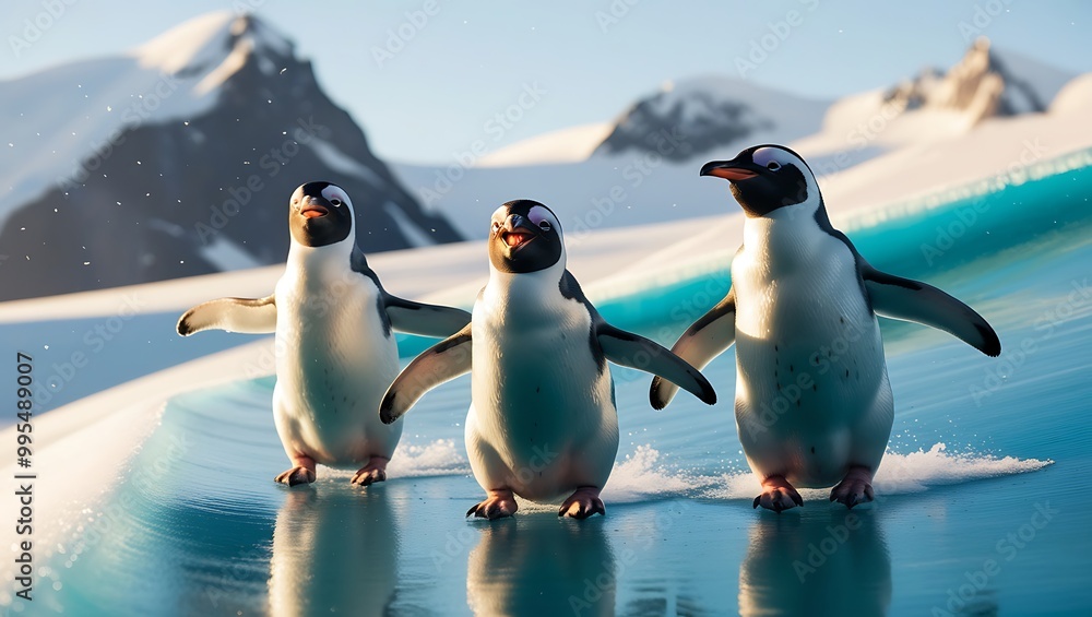 Fototapeta premium Whether you're looking to add a touch of winter wonder to your home or seeking a unique piece for your collection, this photograph of penguins sliding down an icy slope will captivate and inspire.