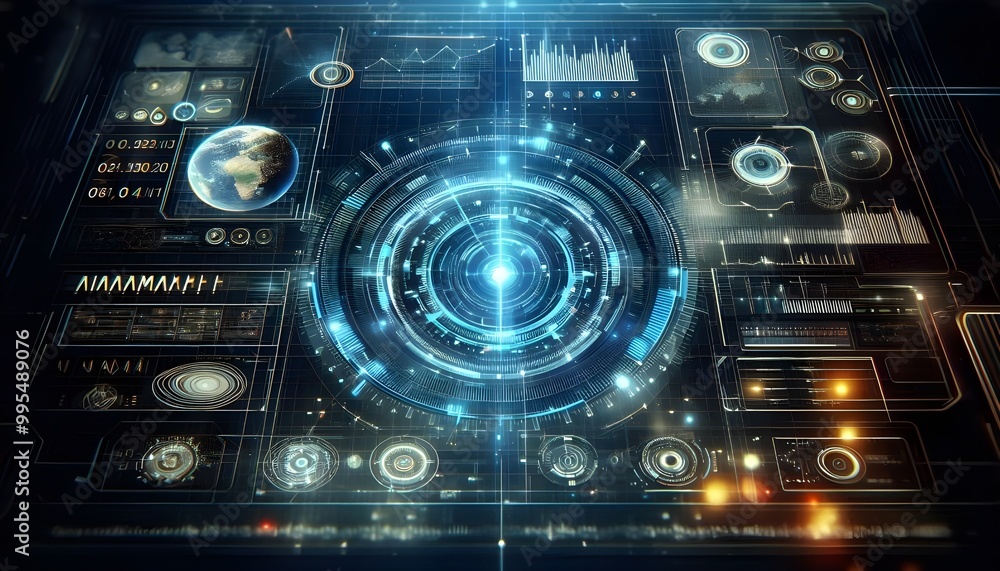 Obraz premium Hologram projection on a digital screen with different data and parameters.