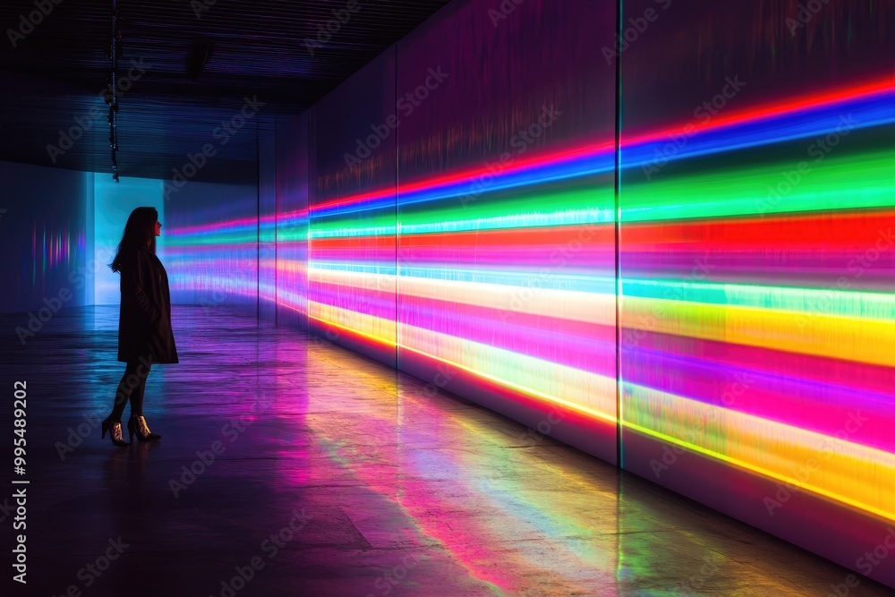 A woman stands in a room with colorful lights. This image is great for illustrating art, design, or a futuristic setting. A woman stands in a room with colorful lights. This image is great for illustrating art, design, or a futuristic setting.