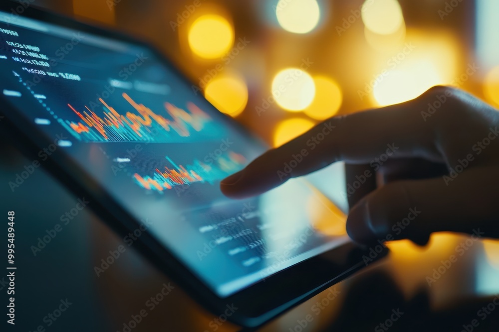 A close-up of a finger interacting with a digital tablet displaying data graphs. A close-up of a finger interacting with a digital tablet displaying data graphs.