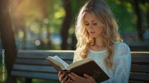 Teenage girl reading a Bible thoughtfully on a park bench surrounded by natural light and greenery in a serene setting