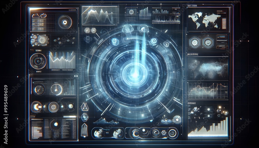 Fototapeta premium Hologram projection on a digital screen with different data and parameters.