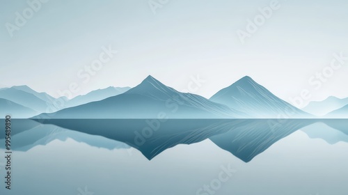 Tranquil mountain scene mirrored in calm water, with delicate hues and a minimalist design creating a peaceful, serene composition