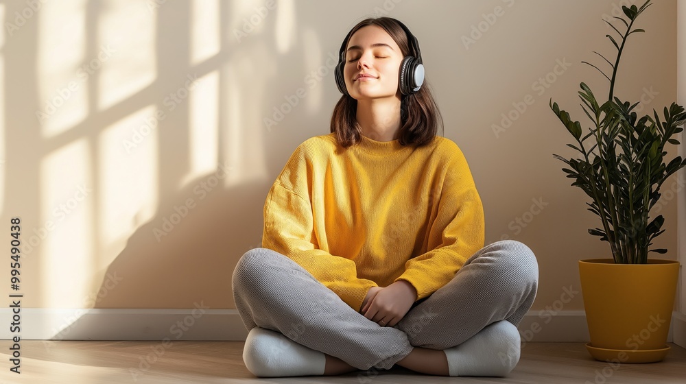 Woman sitting cross-legged in a minimalist room, enjoying music with headphones on during a sunlit moment of relaxation Woman sitting cross-legged in a minimalist room, enjoying music with headphones on during a sunlit moment of relaxation
