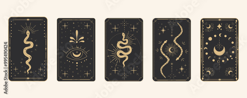 Tarot reverce border magic sacred frame gold line border celelstial mystery esoteric cover card decoration with snake stars and moon on dark background.