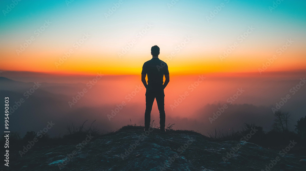 Stunning Silhouette of a Man Standing on a Hill as the Sun Sets in the Distance Stunning Silhouette of a Man Standing on a Hill as the Sun Sets in the Distance