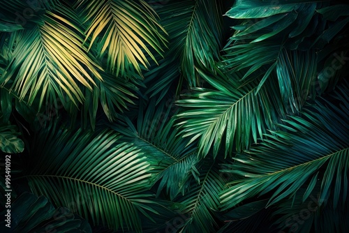 Lush Green Palm Leaves Interwoven in a Tropical Forest