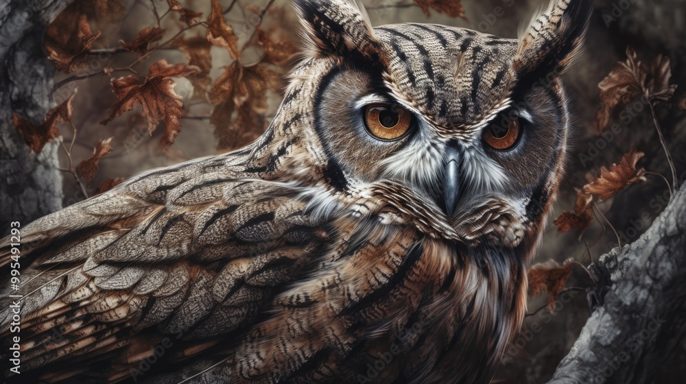 A detailed close-up of a majestic owl in a natural setting. A detailed close-up of a majestic owl in a natural setting.