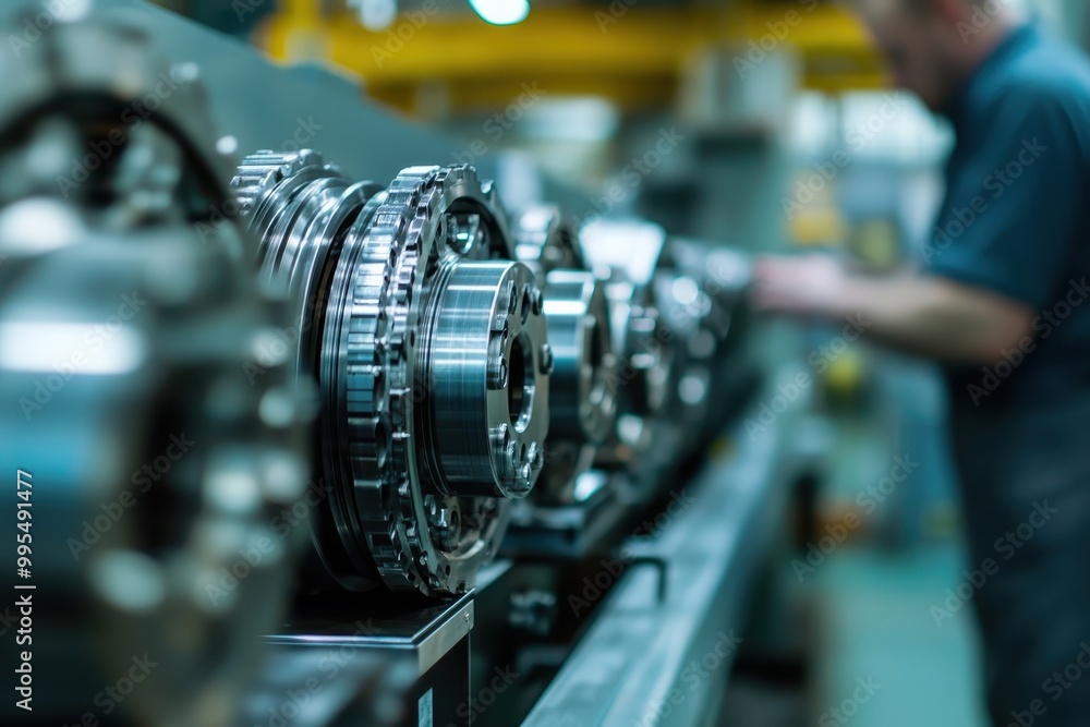 Fototapeta premium A close-up of industrial machinery components in a manufacturing setting.