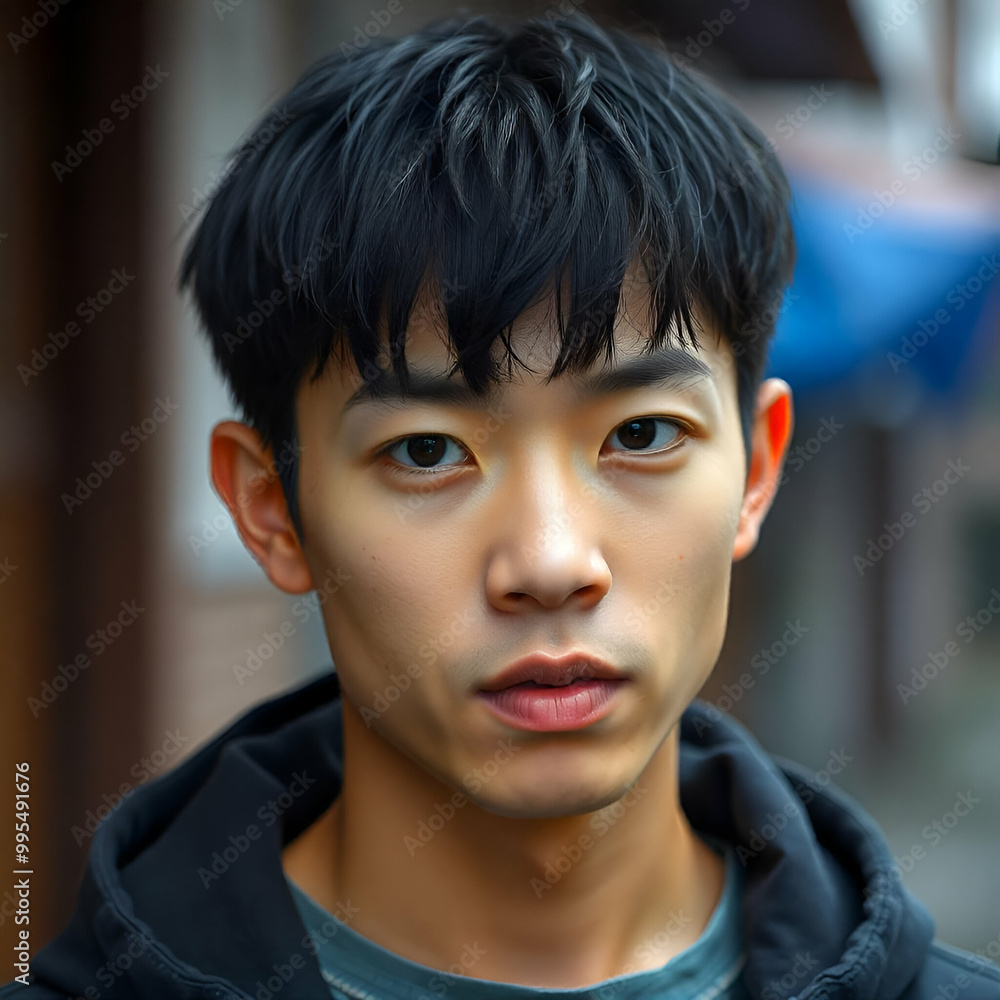 黒いパーカーを着た、短い黒髪と真剣な表情の若いアジア人男性 黒いパーカーを着た、短い黒髪と真剣な表情の若いアジア人男性