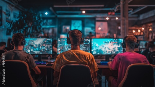 International gamers enjoying an online gaming session in a vibrant high-tech gaming cafe with neon lights and modern decor