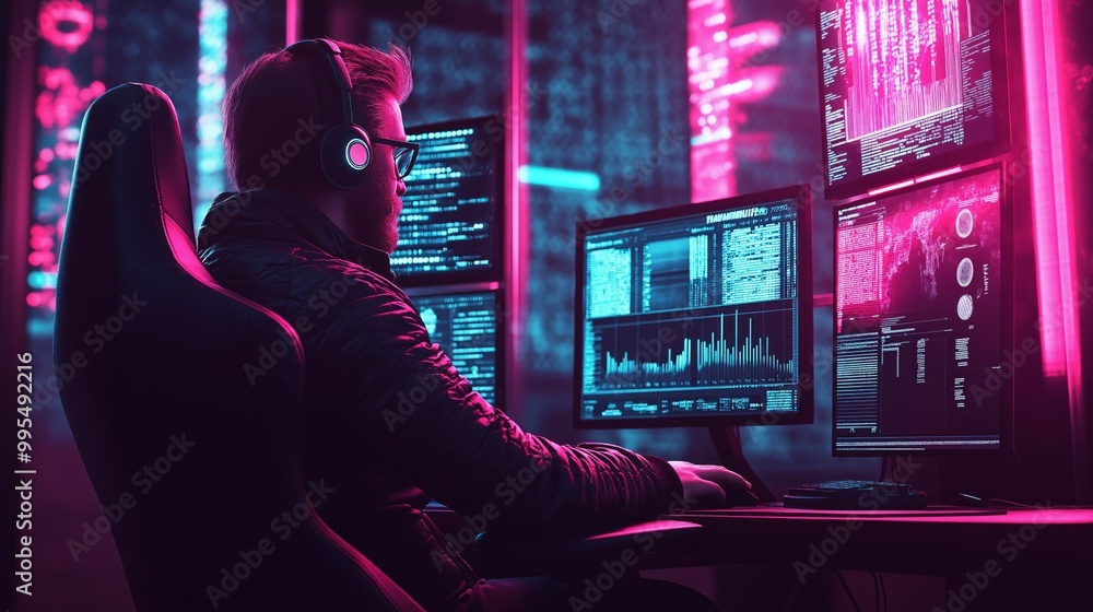Gamer live-streaming in a futuristic setup with neon lights and multiple screens displaying game stats and revenue figures Gamer live-streaming in a futuristic setup with neon lights and multiple screens displaying game stats and revenue figures