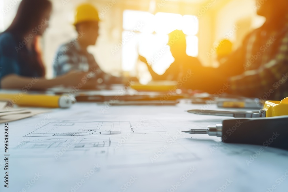 Obraz premium A collaborative workspace with blueprints and tools, highlighting teamwork in construction.