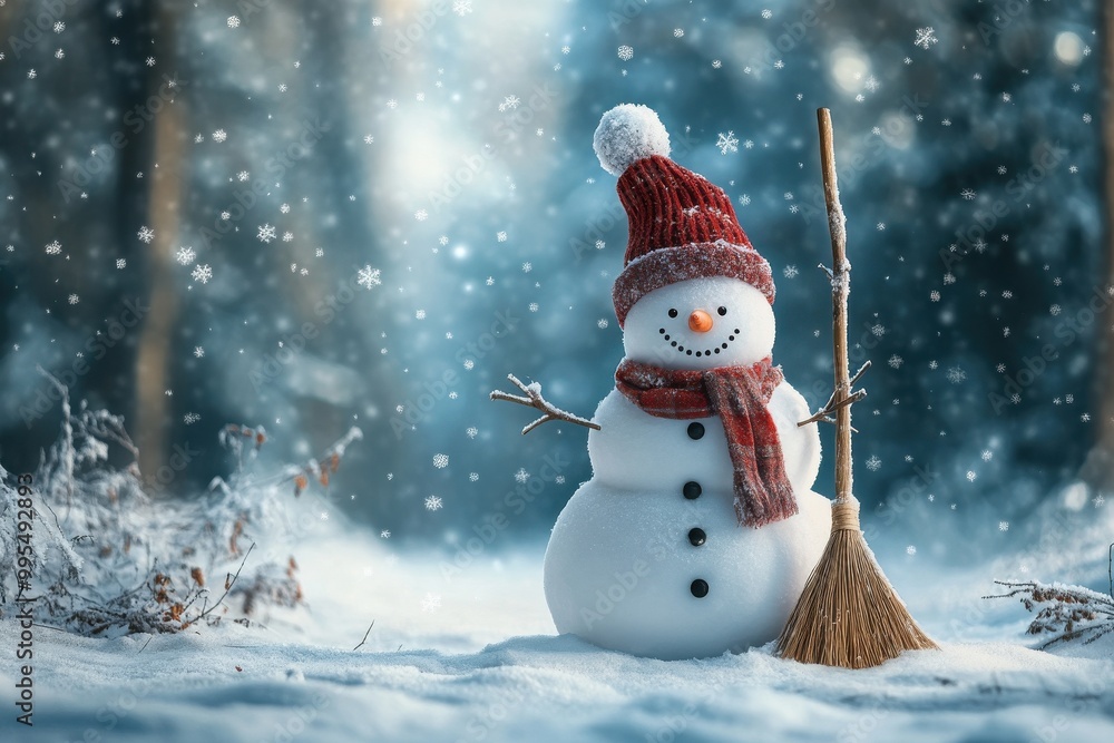 Fototapeta premium Snowman with red scarf and broom in snowy forest, winter holiday scene 