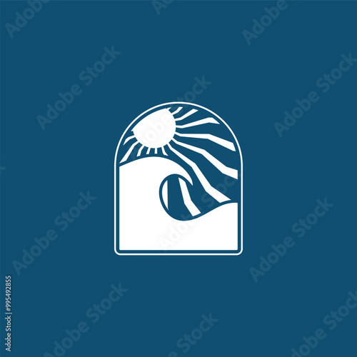 Summer beach sticker with a surfer theme. Emblem with sea wave surfboard and palm tree. Sticker or label or t-shirt print, emblem.
 photo