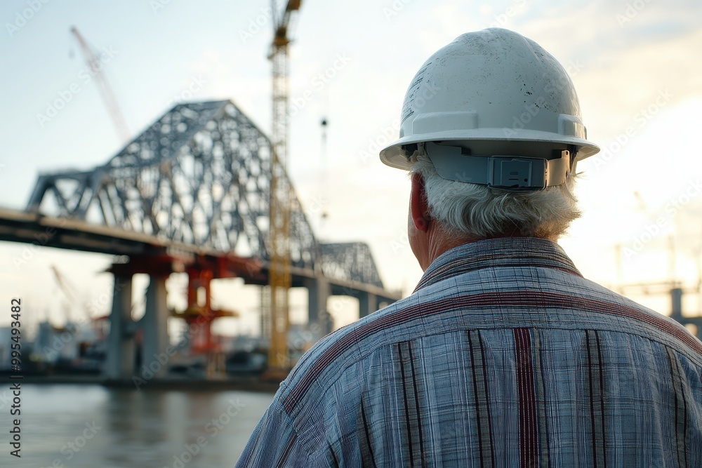 A construction worker observes a bridge under construction, highlighting industry and infrastructure. A construction worker observes a bridge under construction, highlighting industry and infrastructure.