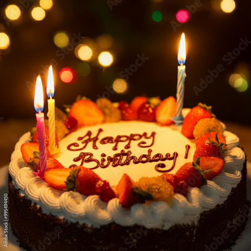 Birthday cake with lit cand...