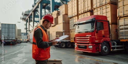 A field supervisor reviews the shipping fleet regulation checklist in the warehouse, with logistics trucks in the background, ensuring all operations adhere to compliance standards