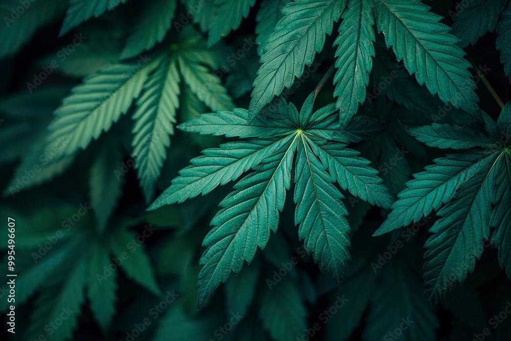 Close-up of Deep Green Cannabis Leaves in Low Light