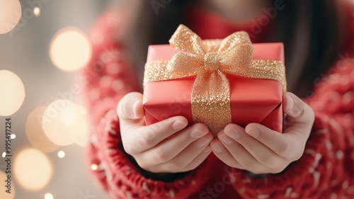 A close-up of a child's hands holding a beautifully wrapped red gift box with a golden ribbon, surrounded by soft, blurred festive lights, capturing the joy of giving.