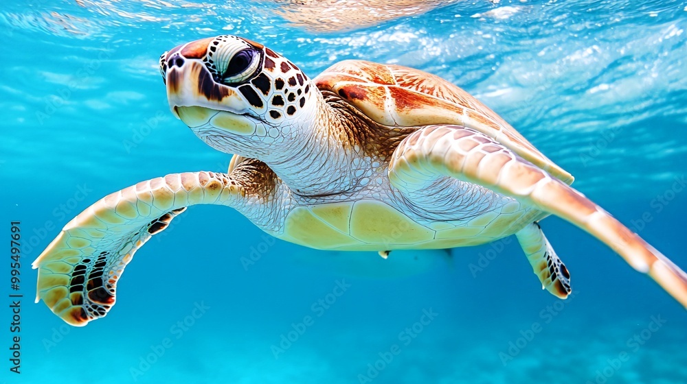 Fototapeta premium A green sea turtle swims gracefully through clear blue water, its head tilted towards the camera.
