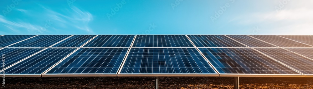A panoramic view of solar panels under a clear blue sky, showcasing renewable energy solutions and sustainability in modern technology. A panoramic view of solar panels under a clear blue sky, showcasing renewable energy solutions and sustainability in modern technology.