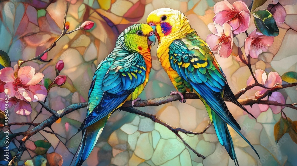 Two vibrant parrots sitting on a branch in a stained glass tropical landscape
Two vibrant parrots sitting on a branch in a stained glass tropical landscape