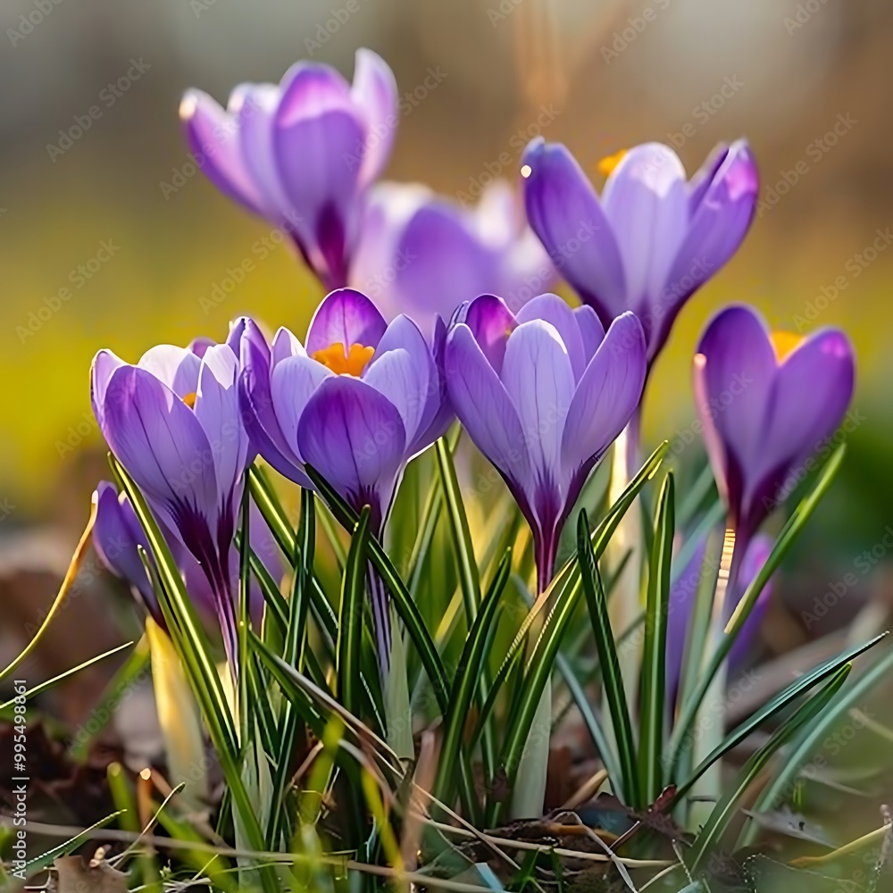 Fototapeta premium Spring crocus flowers in the forest. Early spring. Europe. Beauty world.
