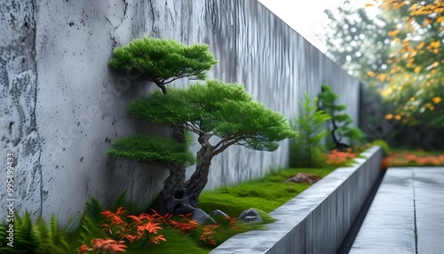 Close-up of aged concrete wall with natural elements reflecting the changing seasons photo