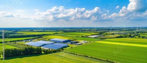 Aerial view of lush green fields featuring solar panels and buildings, under a bright blue sky with scattered clouds, showcasing agricultural innovation.