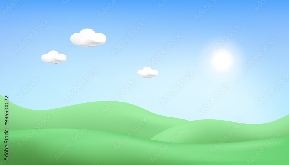 Fototapeta premium 3d landscape mountain and hills illustration with 3d trees, cloud and sun. vector illustration. 