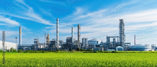 A vibrant industrial complex stands against a clear blue sky, surrounded by lush green fields and towering smoke stacks, showcasing energy production and technology. photo