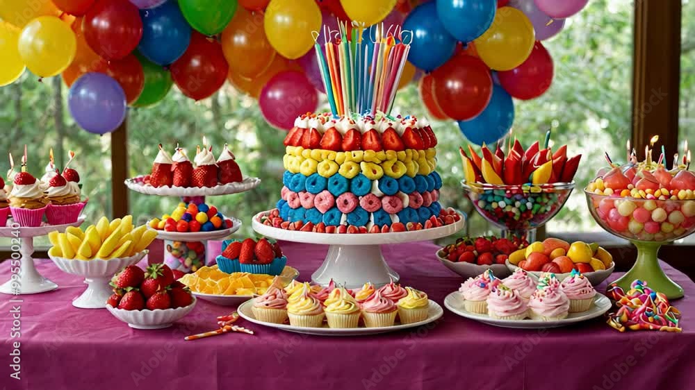 Colorful birthday dessert table with cake and balloons. Happy Birthday Colorful birthday dessert table with cake and balloons. Happy Birthday
