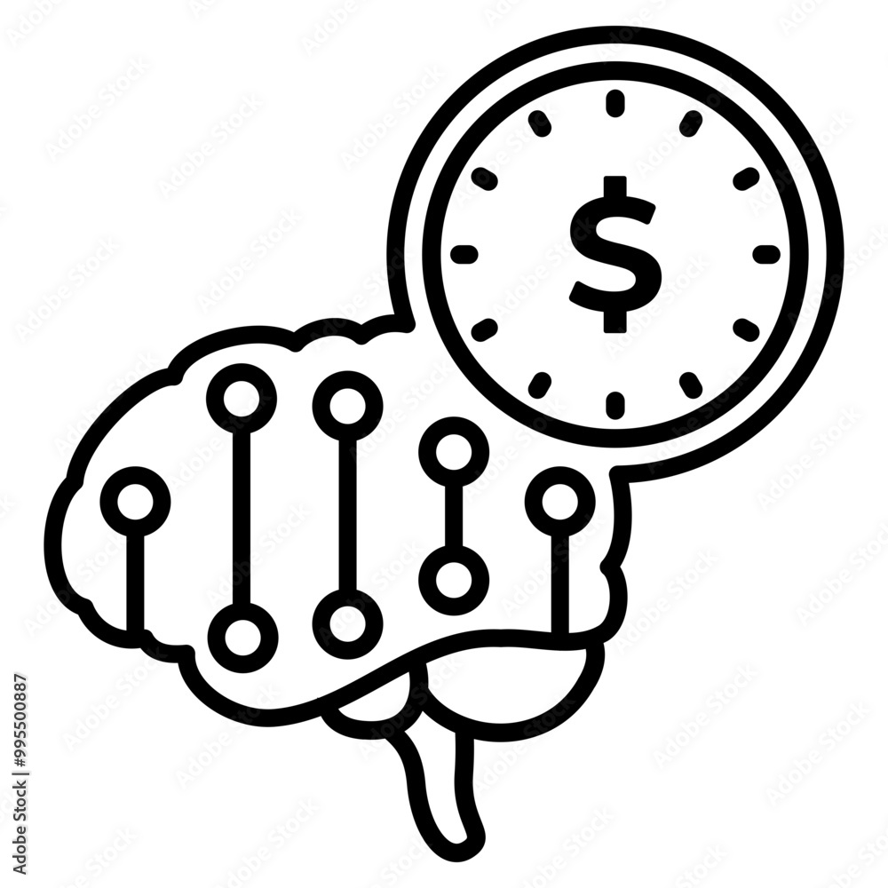 Brain Icon Featuring a Network and Coins, Symbolizing Financial Concepts and Growth Opportunities in Digital Economy Brain Icon Featuring a Network and Coins, Symbolizing Financial Concepts and Growth Opportunities in Digital Economy