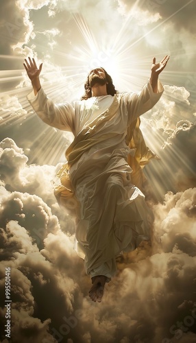 A majestic vision of jesus descending from the heavens in a triumph of light and renewal