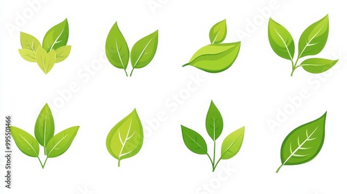 Green leaf icon set for natural, eco, vegan, and bio labels. 