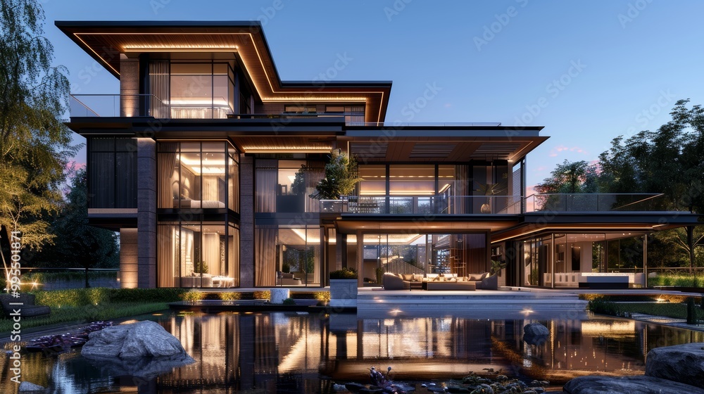 Obraz premium 3d rendering of modern house by the river at morning, house, luxury, villa, modern, architecture, building, exterior, residential, property, designer
