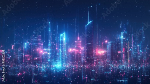 cityscape with space and neon light effect. Modern hi-tech, science, futuristic technology concept. Abstract digital high tech city design for banner background