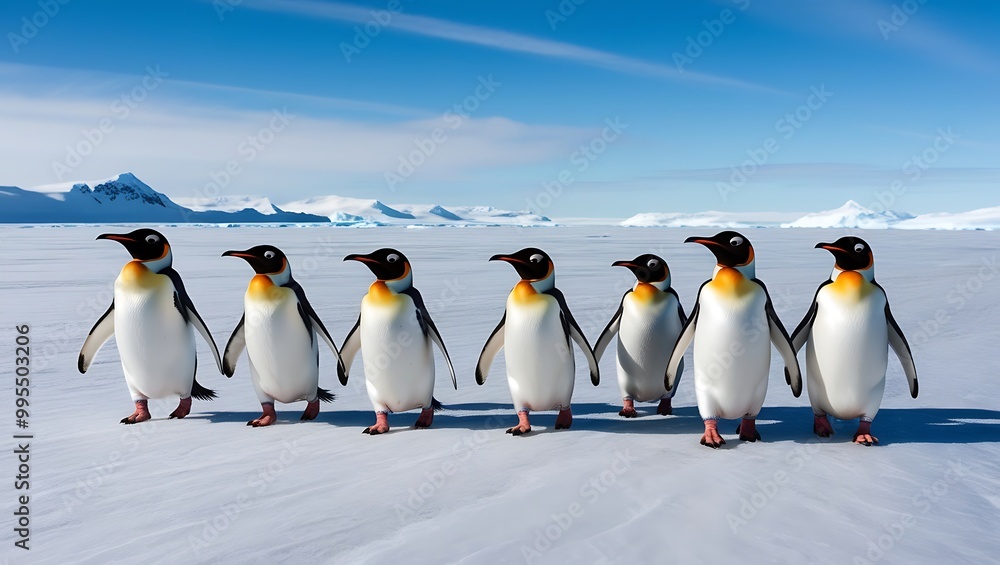 Obraz premium This image captures the essence of penguin life, emphasizing their remarkable ability to work together as they navigate the challenging environment of Antarctica.