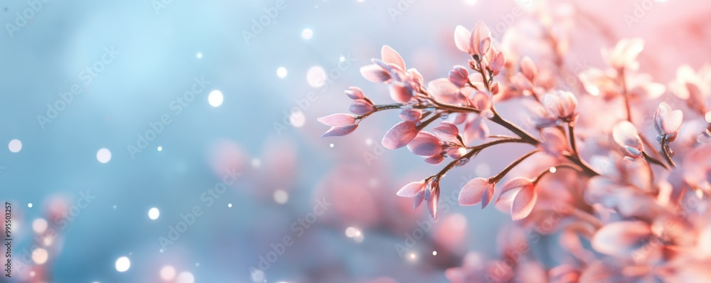 A delicate branch of pink blossoms against a soft, blue background, evoking a serene and dreamy atmosphere with hints of sparkling light. A delicate branch of pink blossoms against a soft, blue background, evoking a serene and dreamy atmosphere with hints of sparkling light.